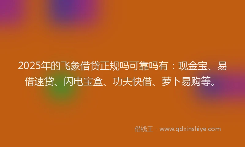 2025年的飞象借贷正规吗可靠吗有：现金宝、易借速贷、闪电宝盒、功夫快借、萝卜易购等。