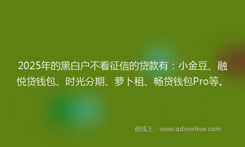 2025年的黑白户不看征信的贷款有：小金豆、融悦贷钱包、时光分期、萝卜租、畅贷钱包Pro等。
