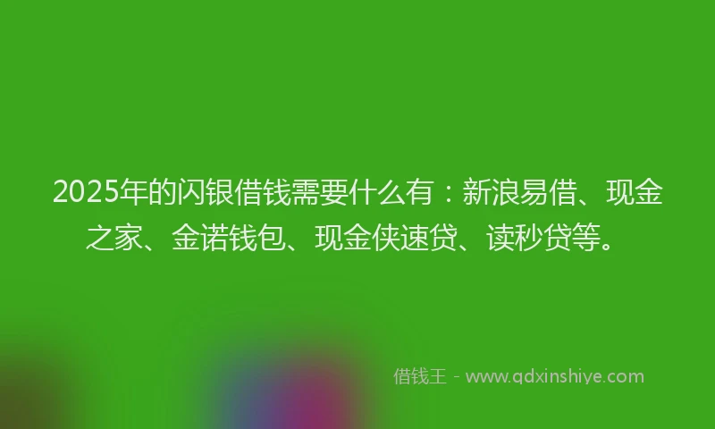 2025年的闪银借钱需要什么有：新浪易借、现金之家、金诺钱包、现金侠速贷、读秒贷等。