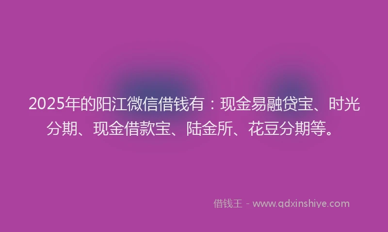2025年的阳江微信借钱有：现金易融贷宝、时光分期、现金借款宝、陆金所、花豆分期等。