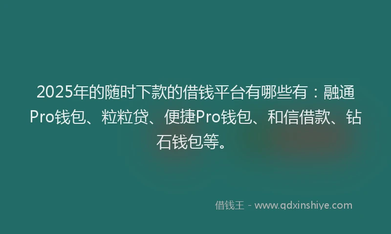 2025年的随时下款的借钱平台有哪些有：融通Pro钱包、粒粒贷、便捷Pro钱包、和信借款、钻石钱包等。