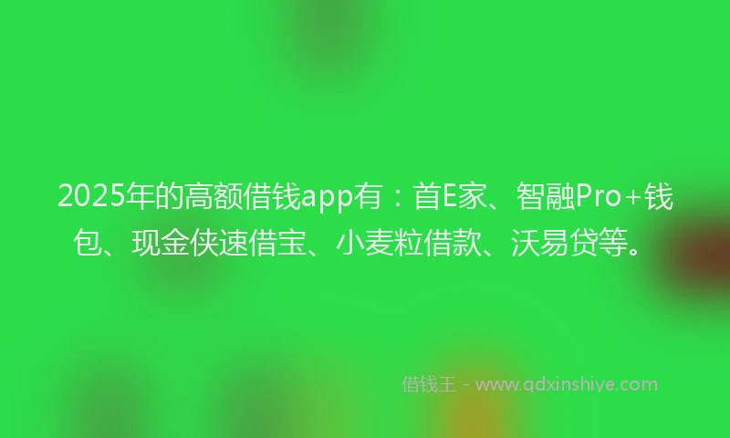 2025年的高额借钱app有：首E家、智融Pro+钱包、现金侠速借宝、小麦粒借款、沃易贷等。