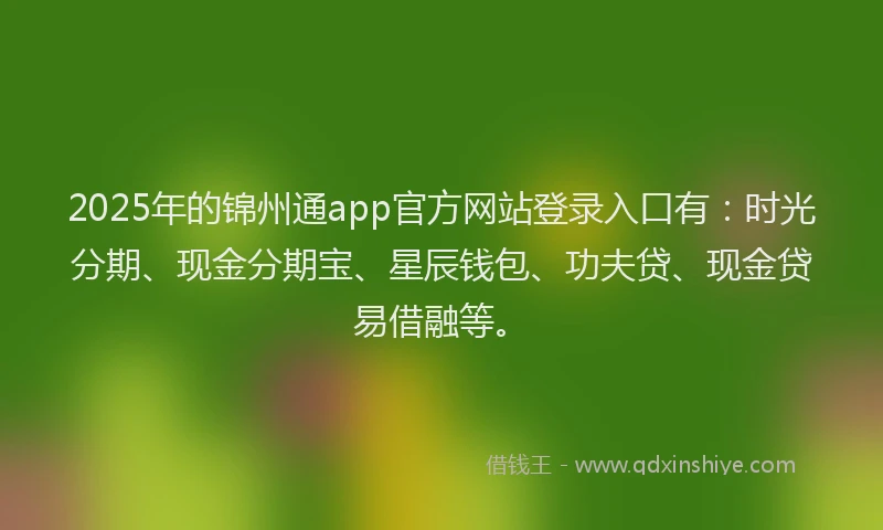 2025年的锦州通app官方网站登录入口有：时光分期、现金分期宝、星辰钱包、功夫贷、现金贷易借融等。