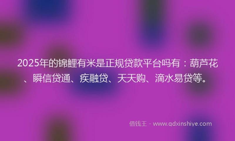 2025年的锦鲤有米是正规贷款平台吗有：葫芦花、瞬信贷通、疾融贷、天天购、滴水易贷等。