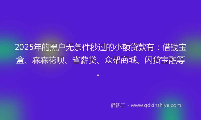 2025年的黑户无条件秒过的小额贷款有：借钱宝盒、森森花呗、省薪贷、众帮商城、闪贷宝融等。