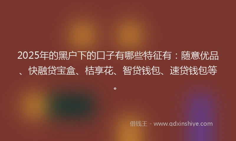2025年的黑户下的口子有哪些特征有：随意优品、快融贷宝盒、桔享花、智贷钱包、速贷钱包等。
