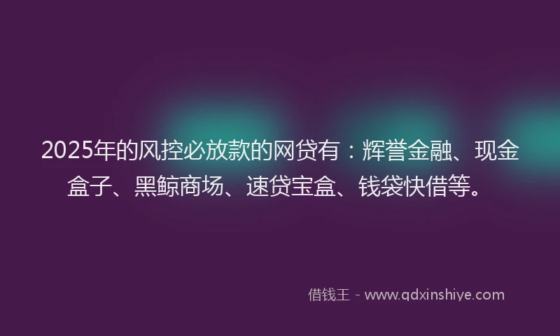 2025年的风控必放款的网贷有：辉誉金融、现金盒子、黑鲸商场、速贷宝盒、钱袋快借等。