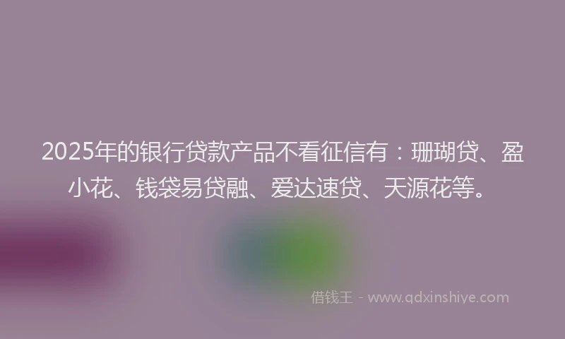 2025年的银行贷款产品不看征信有：珊瑚贷、盈小花、钱袋易贷融、爱达速贷、天源花等。