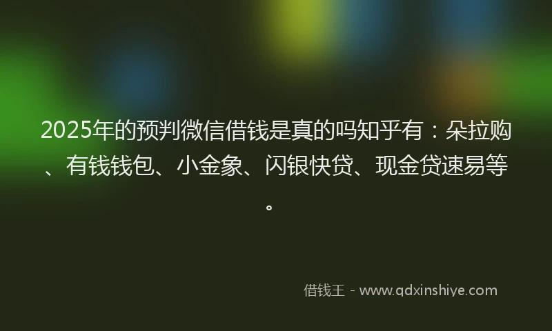2025年的预判微信借钱是真的吗知乎有：朵拉购、有钱钱包、小金象、闪银快贷、现金贷速易等。