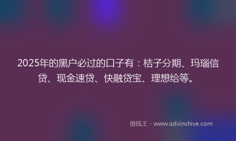 2025年的黑户必过的口子有：桔子分期、玛瑙信贷、现金速贷、快融贷宝、理想给等。