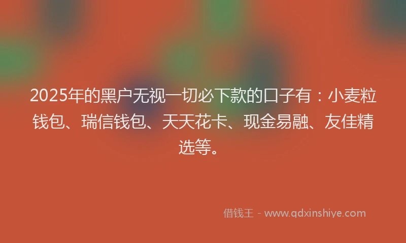 2025年的黑户无视一切必下款的口子有：小麦粒钱包、瑞信钱包、天天花卡、现金易融、友佳精选等。