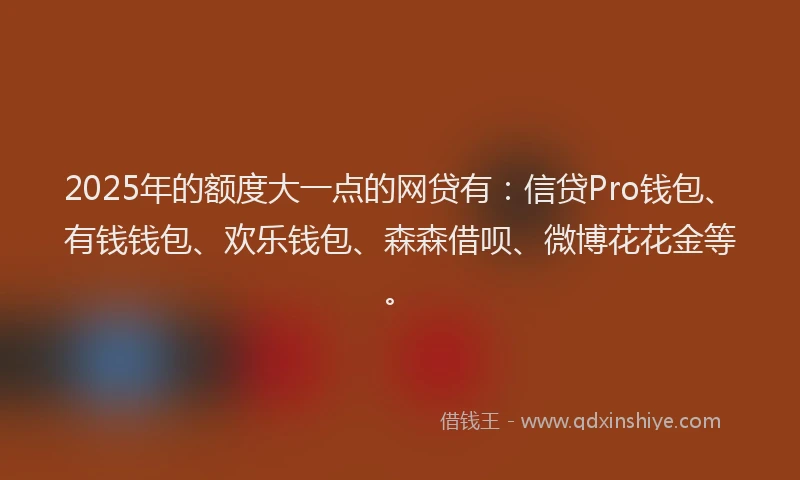 2025年的额度大一点的网贷有：信贷Pro钱包、有钱钱包、欢乐钱包、森森借呗、微博花花金等。