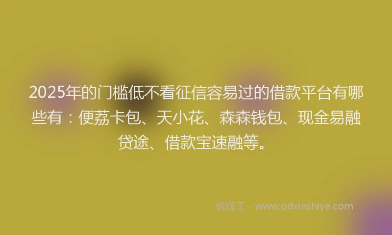 2025年的门槛低不看征信容易过的借款平台有哪些有：便荔卡包、天小花、森森钱包、现金易融贷途、借款宝速融等。
