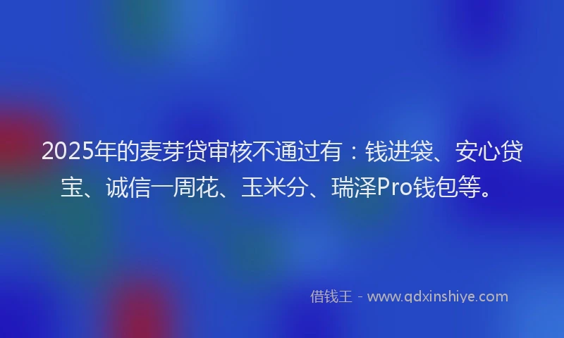 2025年的麦芽贷审核不通过有：钱进袋、安心贷宝、诚信一周花、玉米分、瑞泽Pro钱包等。