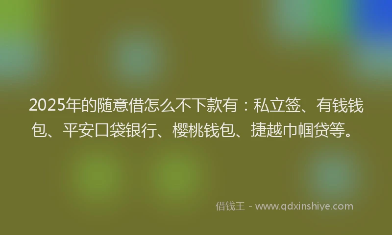 2025年的随意借怎么不下款有：私立签、有钱钱包、平安口袋银行、樱桃钱包、捷越巾帼贷等。