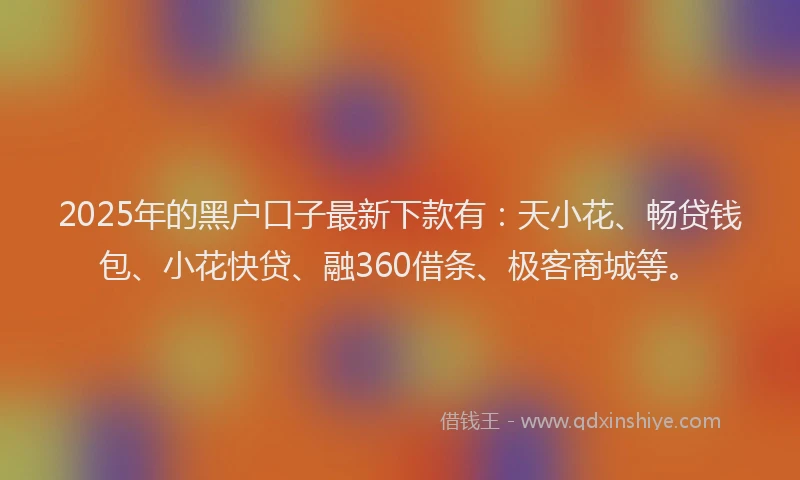 2025年的黑户口子最新下款有：天小花、畅贷钱包、小花快贷、融360借条、极客商城等。