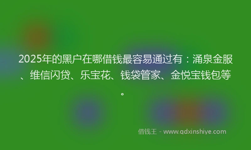 2025年的黑户在哪借钱最容易通过有：涌泉金服、维信闪贷、乐宝花、钱袋管家、金悦宝钱包等。