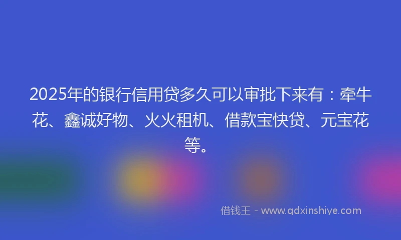 2025年的银行信用贷多久可以审批下来有：牵牛花、鑫诚好物、火火租机、借款宝快贷、元宝花等。