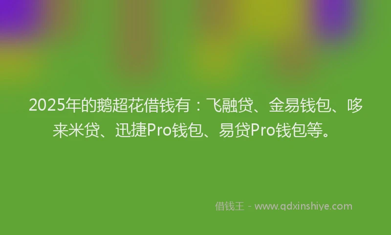 2025年的鹅超花借钱有：飞融贷、金易钱包、哆来米贷、迅捷Pro钱包、易贷Pro钱包等。
