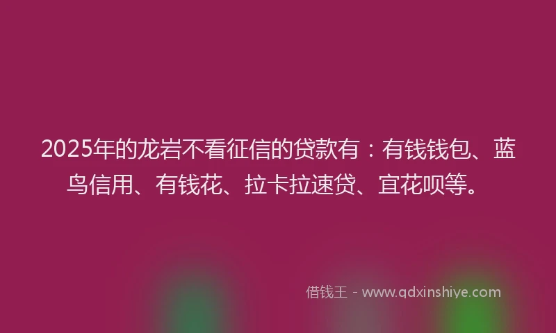2025年的龙岩不看征信的贷款有：有钱钱包、蓝鸟信用、有钱花、拉卡拉速贷、宜花呗等。