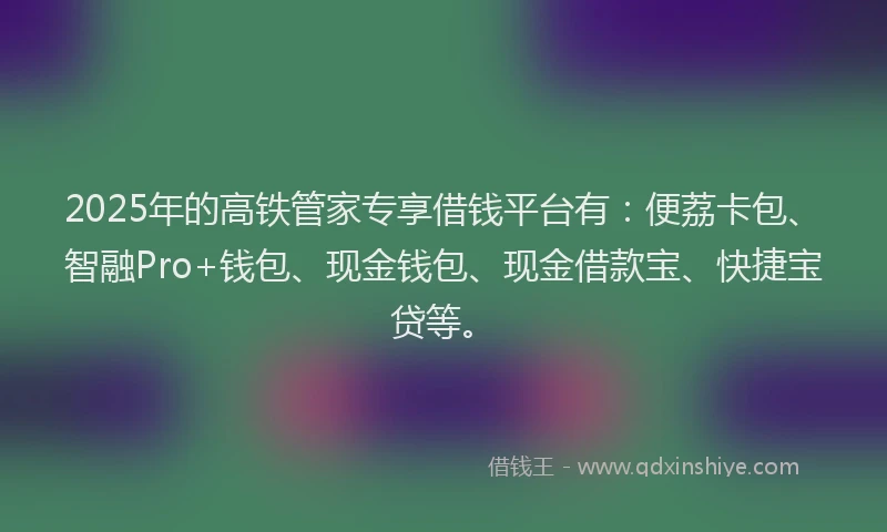 2025年的高铁管家专享借钱平台有：便荔卡包、智融Pro+钱包、现金钱包、现金借款宝、快捷宝贷等。