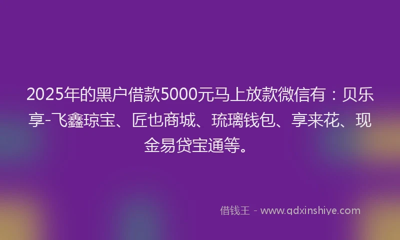 2025年的黑户借款5000元马上放款微信有：贝乐享-飞鑫琼宝、匠也商城、琉璃钱包、享来花、现金易贷宝通等。