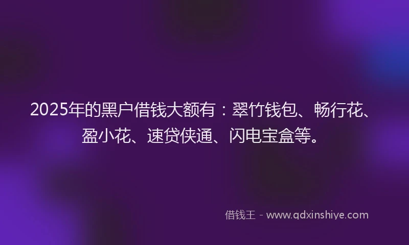 2025年的黑户借钱大额有：翠竹钱包、畅行花、盈小花、速贷侠通、闪电宝盒等。
