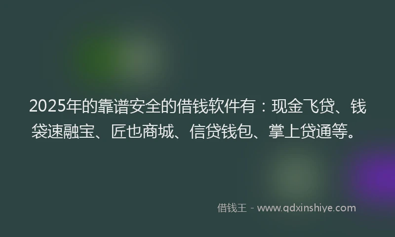 2025年的靠谱安全的借钱软件有：现金飞贷、钱袋速融宝、匠也商城、信贷钱包、掌上贷通等。