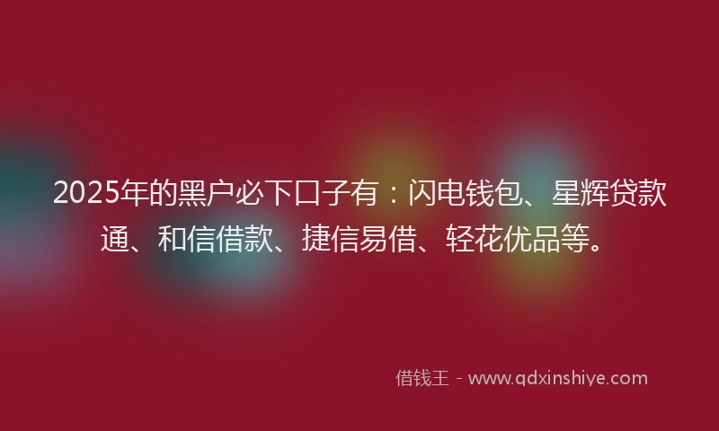 2025年的黑户必下口子有：闪电钱包、星辉贷款通、和信借款、捷信易借、轻花优品等。