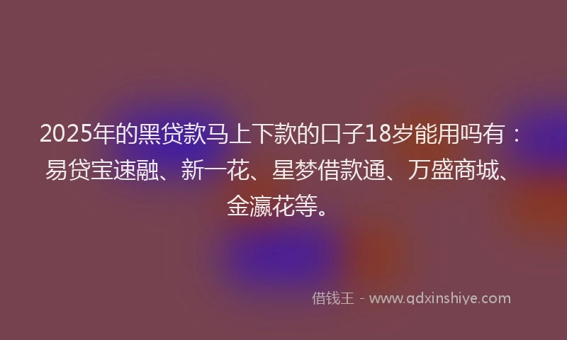 2025年的黑贷款马上下款的口子18岁能用吗有：易贷宝速融、新一花、星梦借款通、万盛商城、金瀛花等。