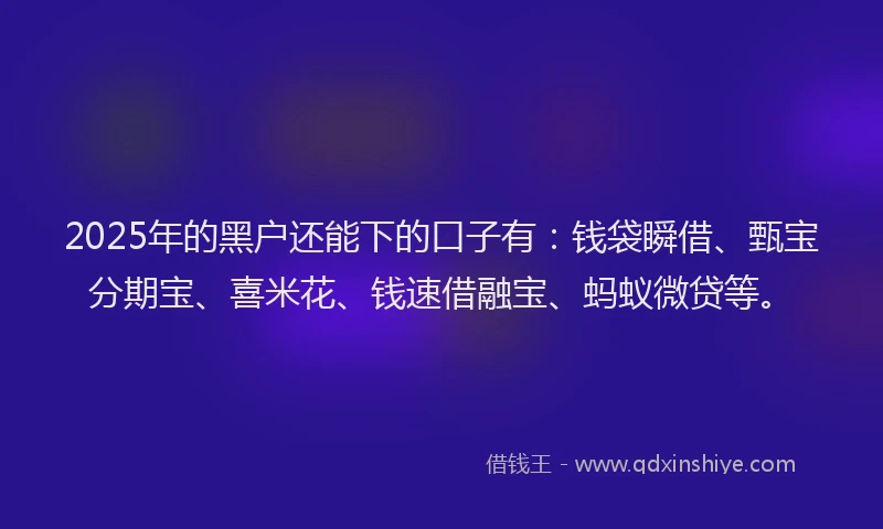 2025年的黑户还能下的口子有：钱袋瞬借、甄宝分期宝、喜米花、钱速借融宝、蚂蚁微贷等。