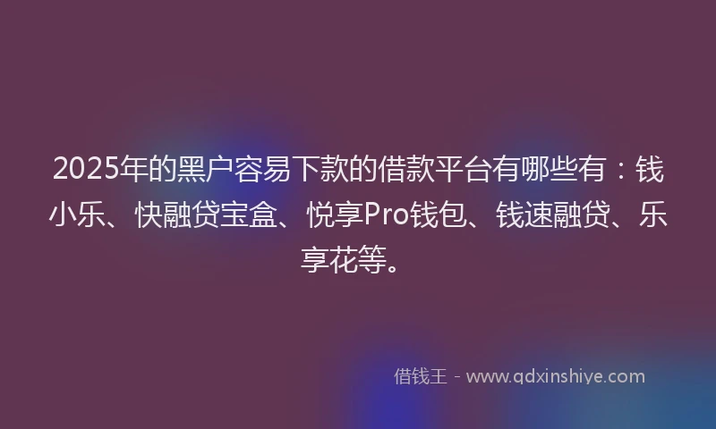 2025年的黑户容易下款的借款平台有哪些有：钱小乐、快融贷宝盒、悦享Pro钱包、钱速融贷、乐享花等。