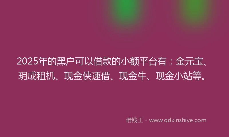 2025年的黑户可以借款的小额平台有：金元宝、玥成租机、现金侠速借、现金牛、现金小站等。