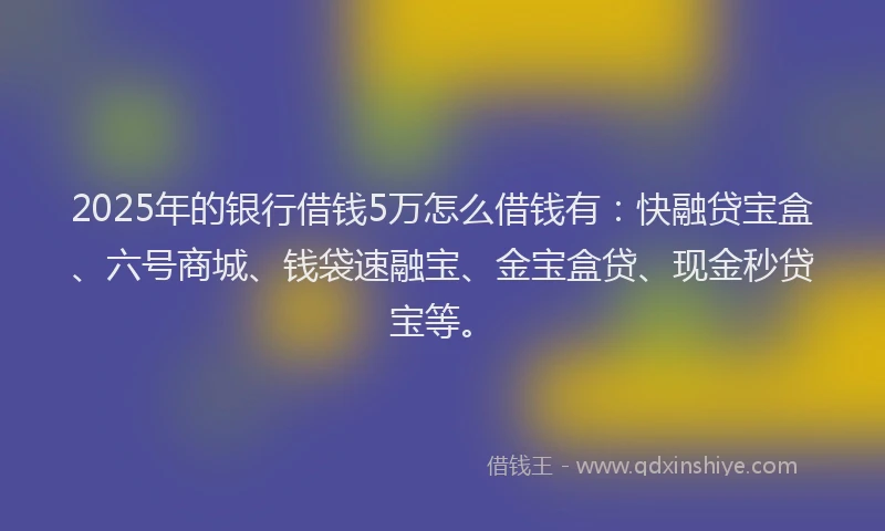 2025年的银行借钱5万怎么借钱有：快融贷宝盒、六号商城、钱袋速融宝、金宝盒贷、现金秒贷宝等。