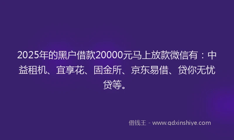 2025年的黑户借款20000元马上放款微信有：中益租机、宜享花、固金所、京东易借、贷你无忧贷等。