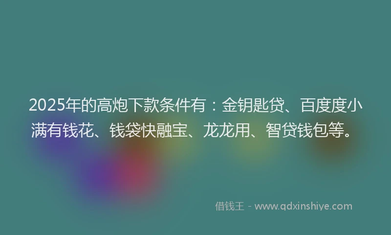 2025年的高炮下款条件有：金钥匙贷、百度度小满有钱花、钱袋快融宝、龙龙用、智贷钱包等。