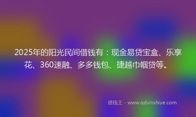 2025年的阳光民间借钱有：现金易贷宝盒、乐享花、360速融、多多钱包、捷越巾帼贷等。