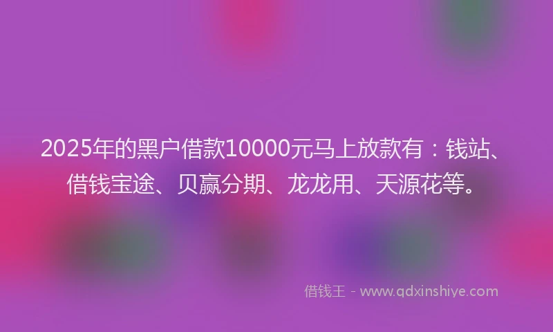 2025年的黑户借款10000元马上放款有：钱站、借钱宝途、贝赢分期、龙龙用、天源花等。