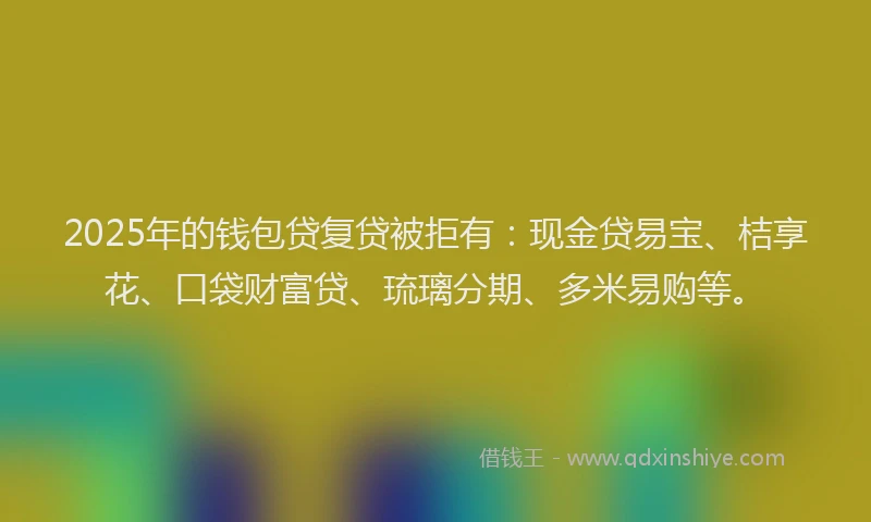 2025年的钱包贷复贷被拒有：现金贷易宝、桔享花、口袋财富贷、琉璃分期、多米易购等。