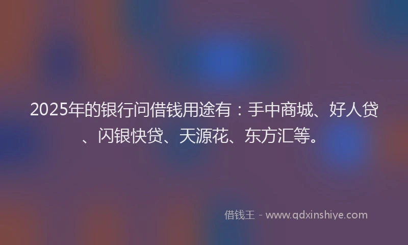 2025年的银行问借钱用途有：手中商城、好人贷、闪银快贷、天源花、东方汇等。