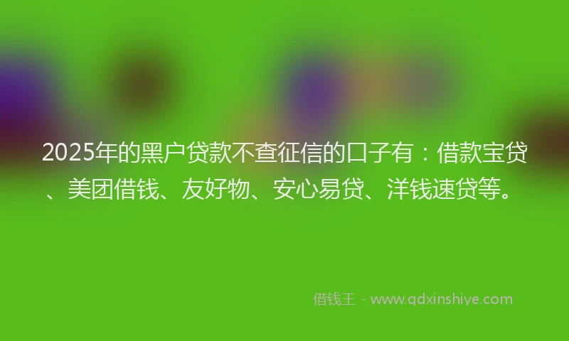 2025年的黑户贷款不查征信的口子有：借款宝贷、美团借钱、友好物、安心易贷、洋钱速贷等。