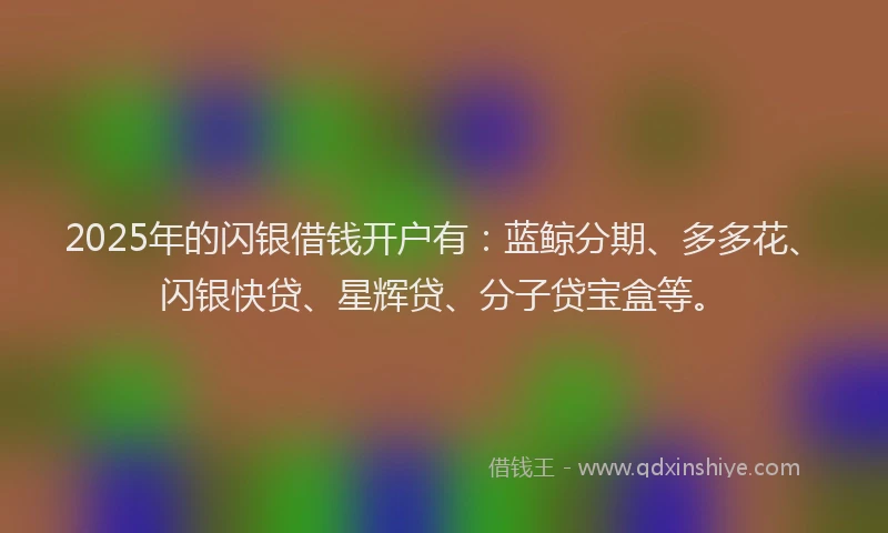 2025年的闪银借钱开户有：蓝鲸分期、多多花、闪银快贷、星辉贷、分子贷宝盒等。