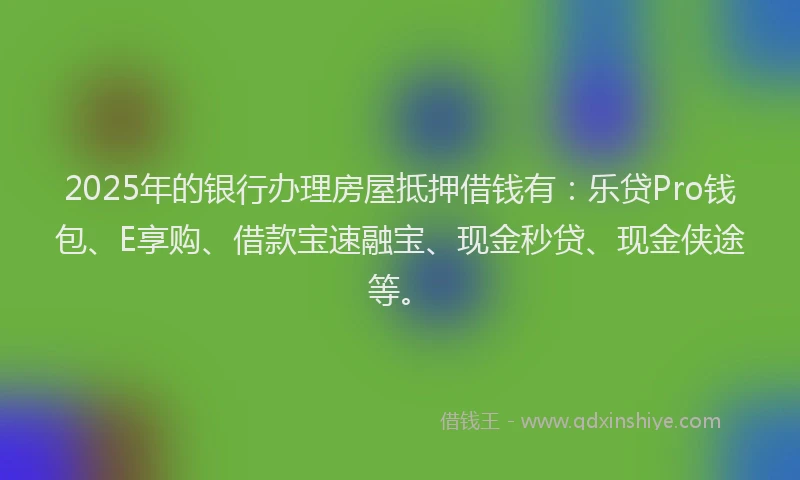 2025年的银行办理房屋抵押借钱有：乐贷Pro钱包、E享购、借款宝速融宝、现金秒贷、现金侠途等。