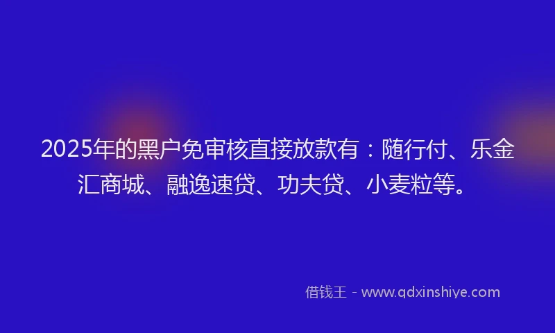 2025年的黑户免审核直接放款有：随行付、乐金汇商城、融逸速贷、功夫贷、小麦粒等。