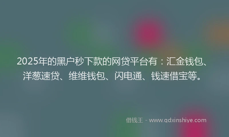 2025年的黑户秒下款的网贷平台有：汇金钱包、洋葱速贷、维维钱包、闪电通、钱速借宝等。