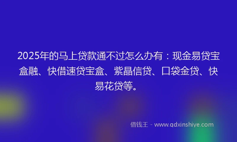2025年的马上贷款通不过怎么办有：现金易贷宝盒融、快借速贷宝盒、紫晶信贷、口袋金贷、快易花贷等。