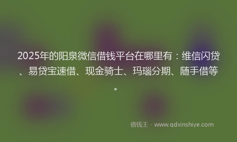 2025年的阳泉微信借钱平台在哪里有：维信闪贷、易贷宝速借、现金骑士、玛瑙分期、随手借等。