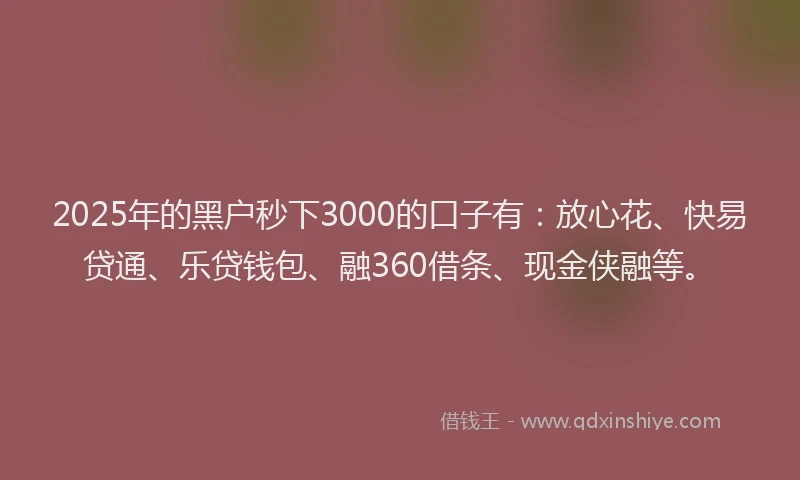 2025年的黑户秒下3000的口子有：放心花、快易贷通、乐贷钱包、融360借条、现金侠融等。