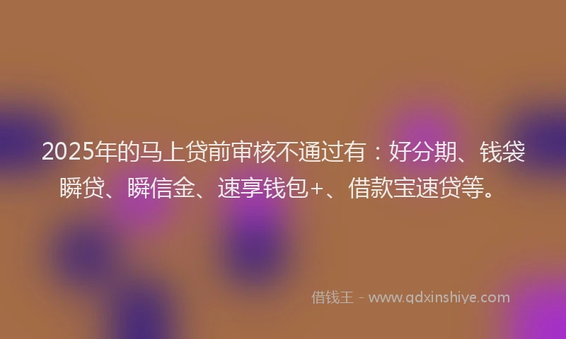 2025年的马上贷前审核不通过有：好分期、钱袋瞬贷、瞬信金、速享钱包+、借款宝速贷等。