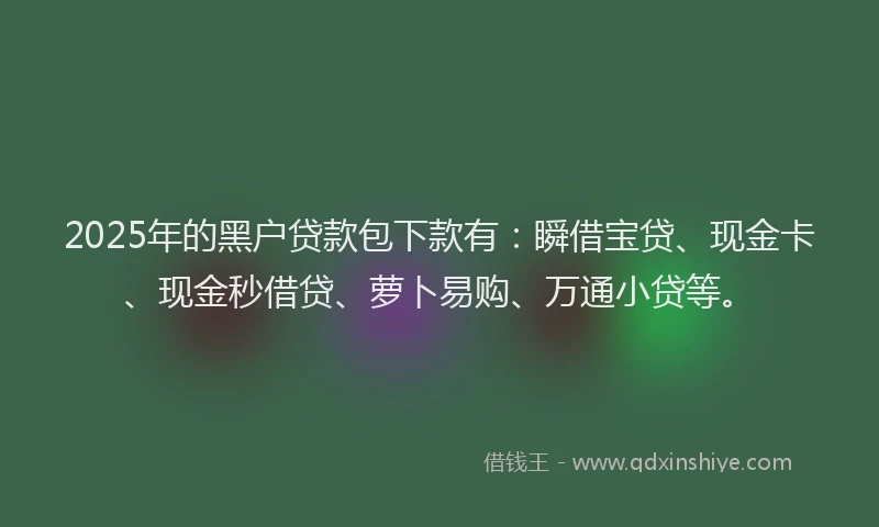 2025年的黑户贷款包下款有：瞬借宝贷、现金卡、现金秒借贷、萝卜易购、万通小贷等。
